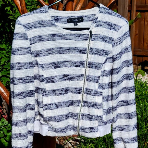 Sanctuary Zip Front Navy Blue White Stripe Cropped Small Jacket - Picture 1 of 7